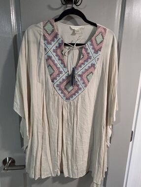 lovestitch Cream Tunic with Pastel Embroidered V-Neck